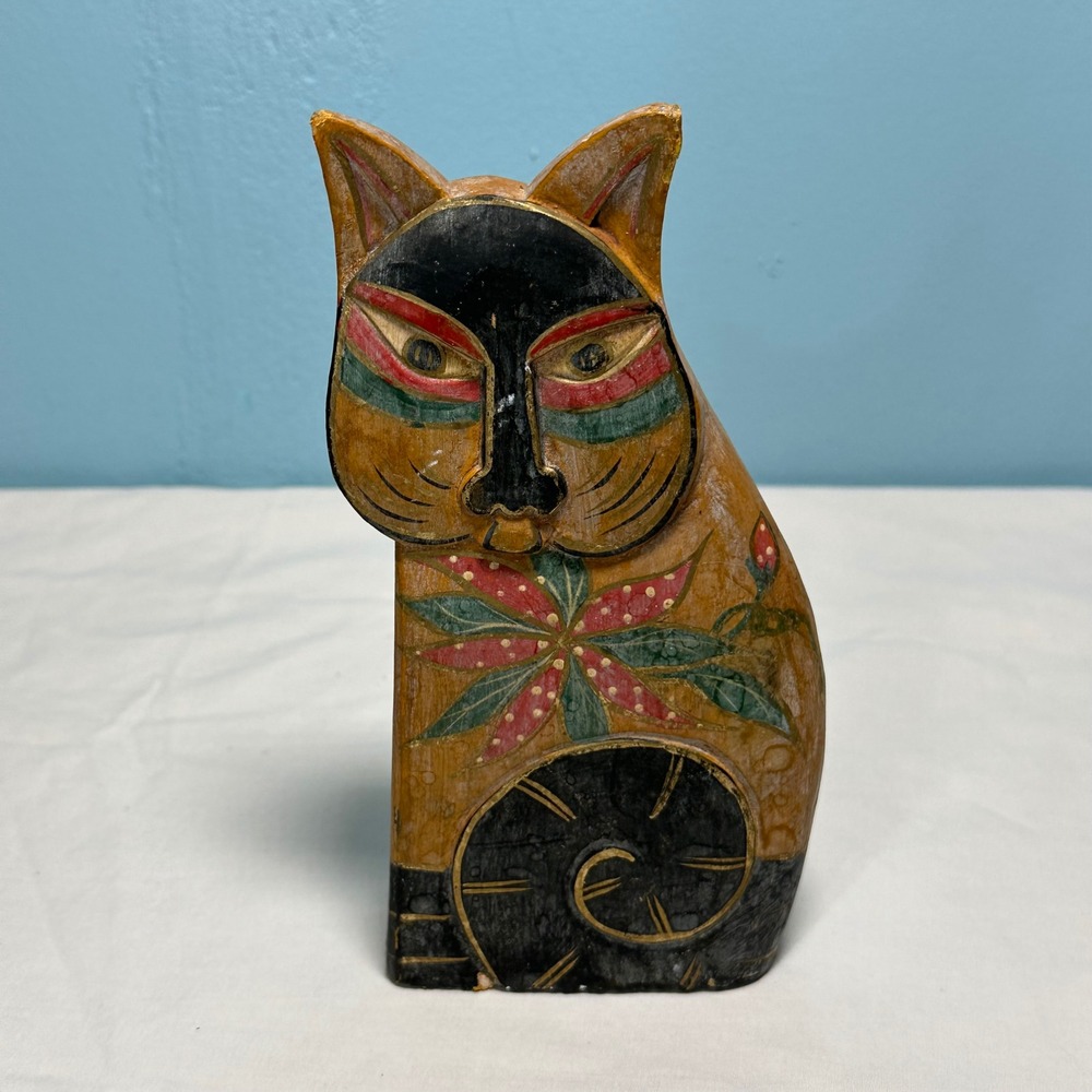 Hand Carved Wooden Cat Figurine Folk Art Hand Painted Floral Decor 8"